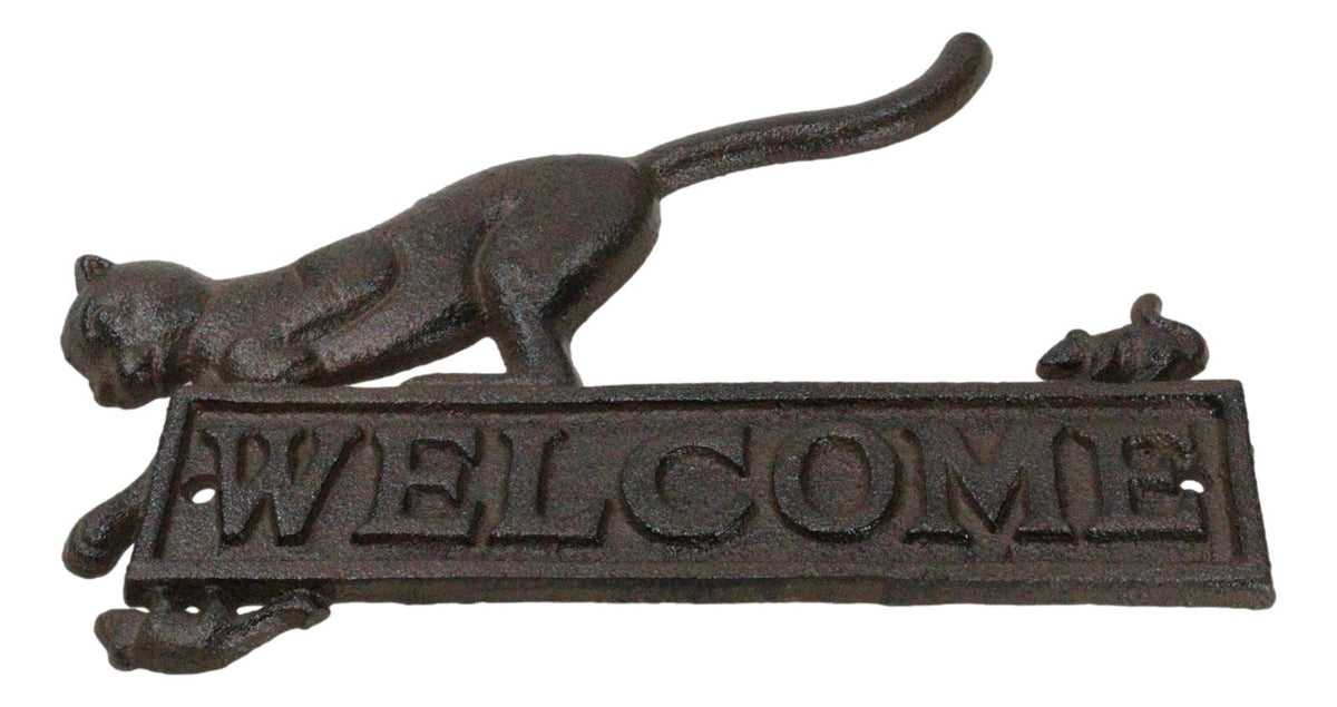 Cast Iron Whimsical Hungry Kitty Cat Chasing 2 Mice Wall Decor Welcome Sign