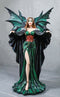 Large Gothic Dragon Fairy Queen In Long Green Robe With Ravens Statue 17"H