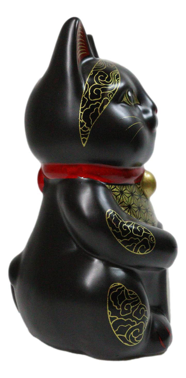 Japanese Lucky Charm Black Beckoning Cat Maneki Neko Ceramic Money Bank 6"H