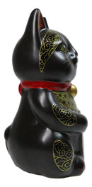 Japanese Lucky Charm Black Beckoning Cat Maneki Neko Ceramic Money Bank 6"H