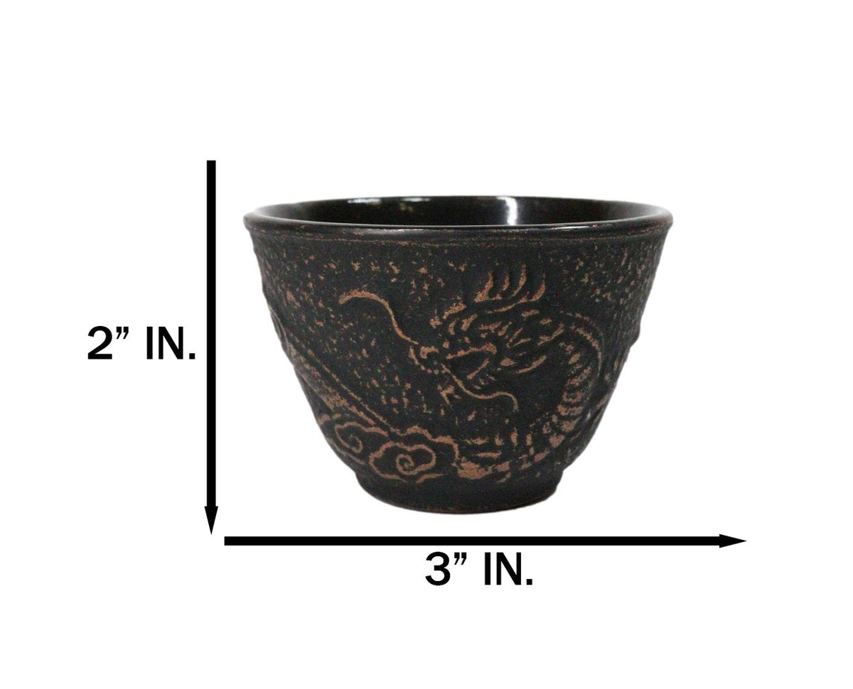 Rustic Bronze Dragon Etching Japanese Tetsubin Style Cast Iron Tea Cups Set of 4