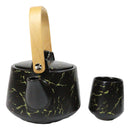 Black Marble Vein Porcelain 22oz Teapot And 2 Tea Cups With Bamboo Tray Set