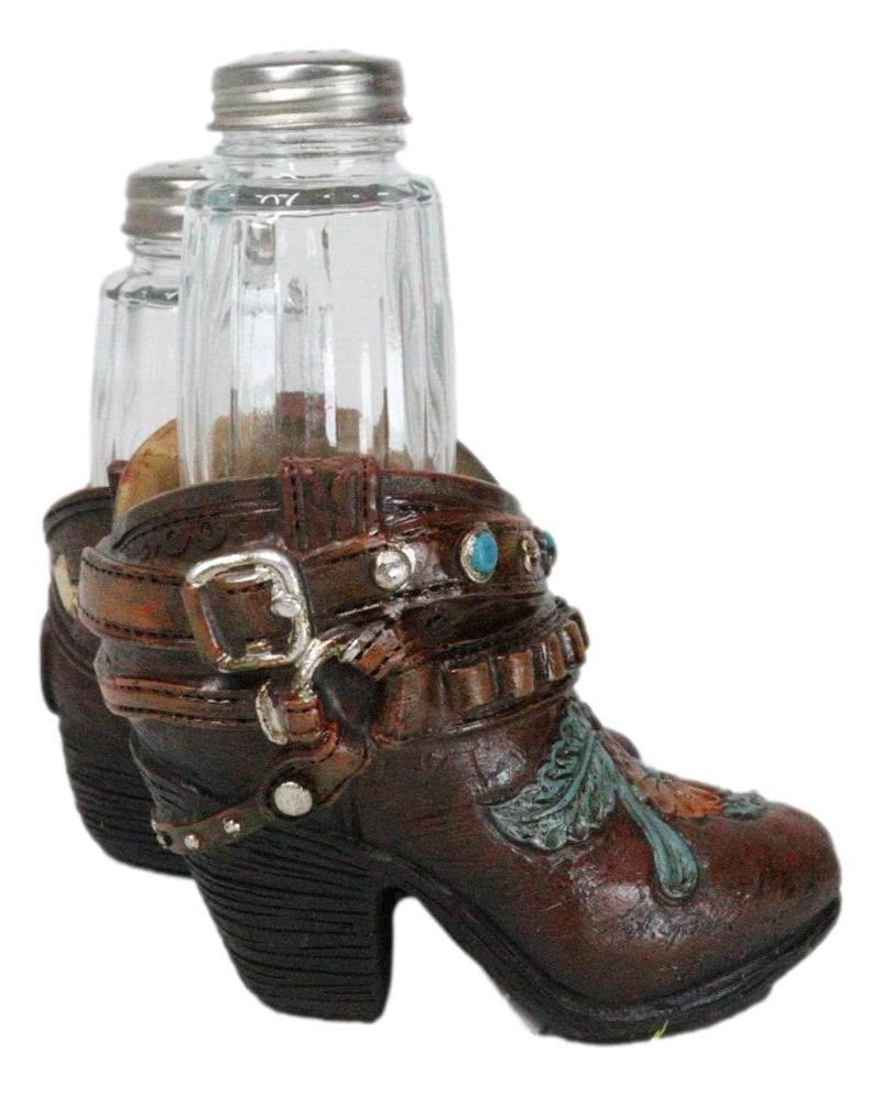 Rustic Cowgirl Turquoise Flowers Stars Double Boots Salt Pepper Shakers Holder