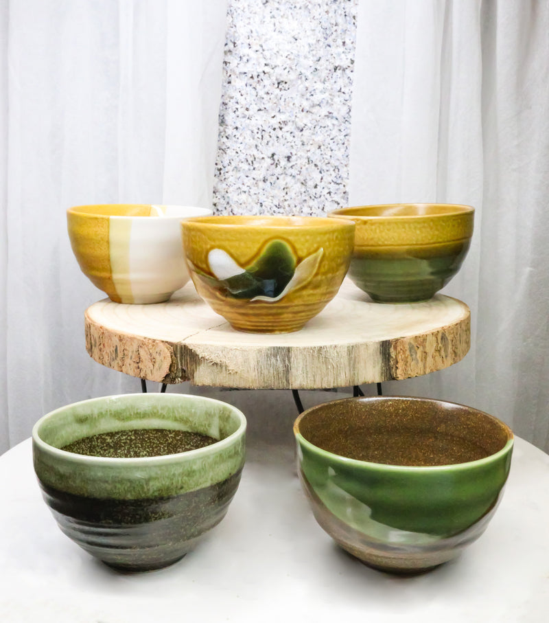 Abstract Art Tenmoku Glazed Ceramic 10oz Matcha Tea Bowl Set of 5 Made In Japan