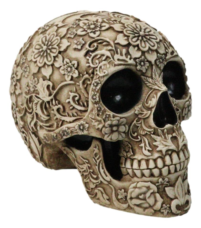 Ebros Gift Floral Bone Cream Sugar Skull Figurine with Rose Flower Designs