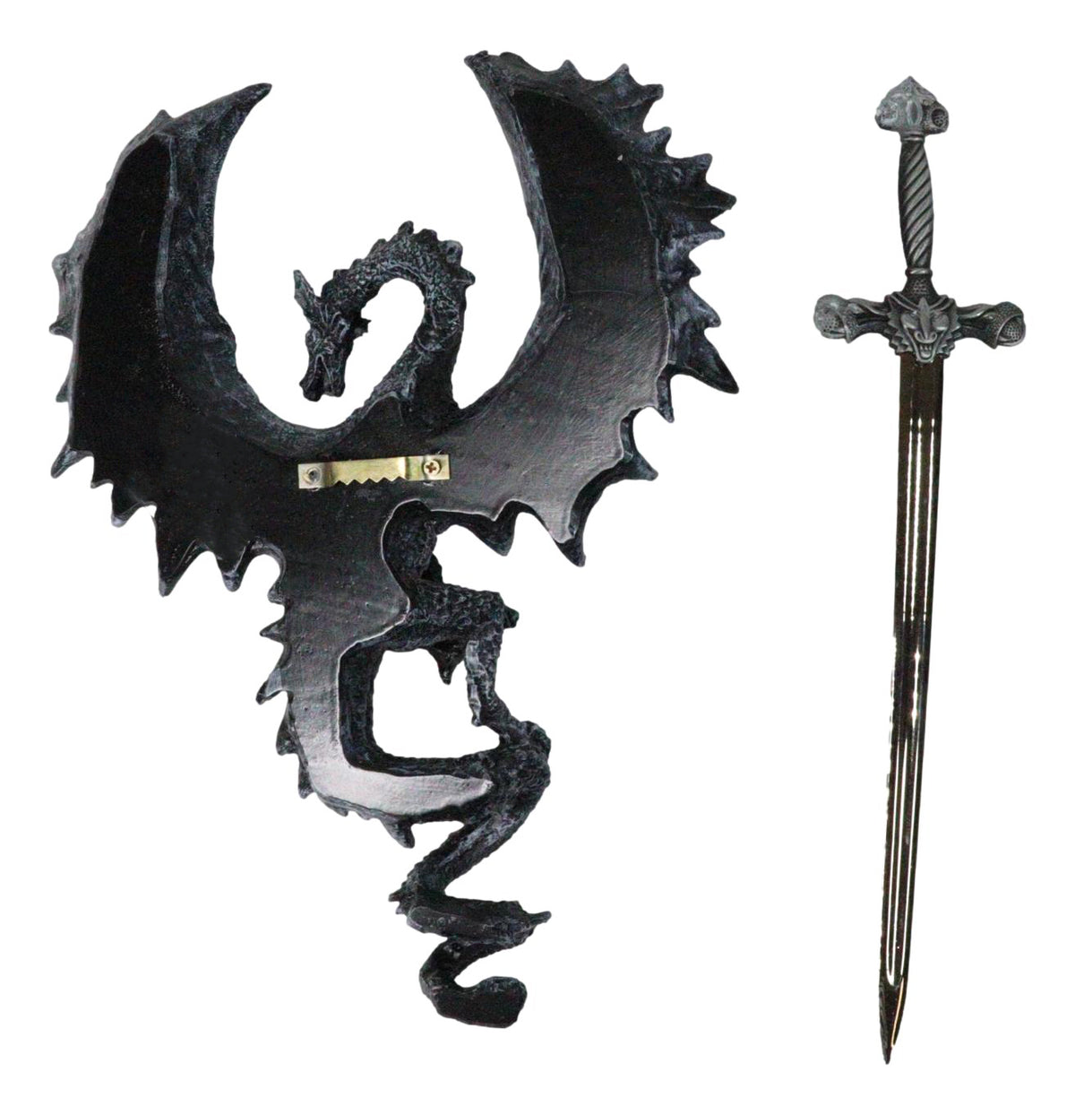 Gothic Black Winged Dragon Wall Plaque with Removable Medieval Sword – 12-Inch