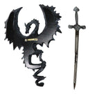 Gothic Black Winged Dragon Wall Plaque with Removable Medieval Sword – 12-Inch