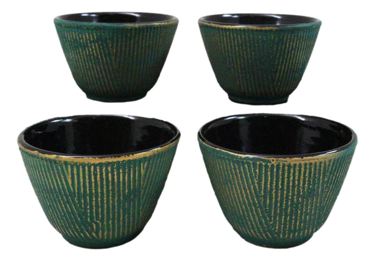 Pack Of 4 Green With Gold Hues Cast Iron Tetsubin Textured Tea Cups 3oz
