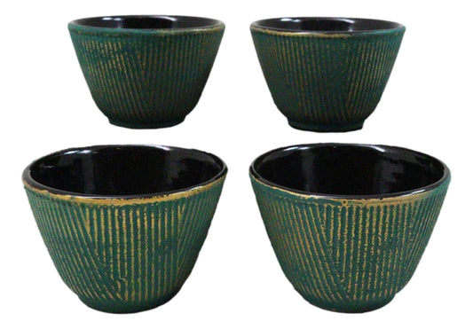 Pack Of 4 Green With Gold Hues Cast Iron Tetsubin Textured Tea Cups 3oz
