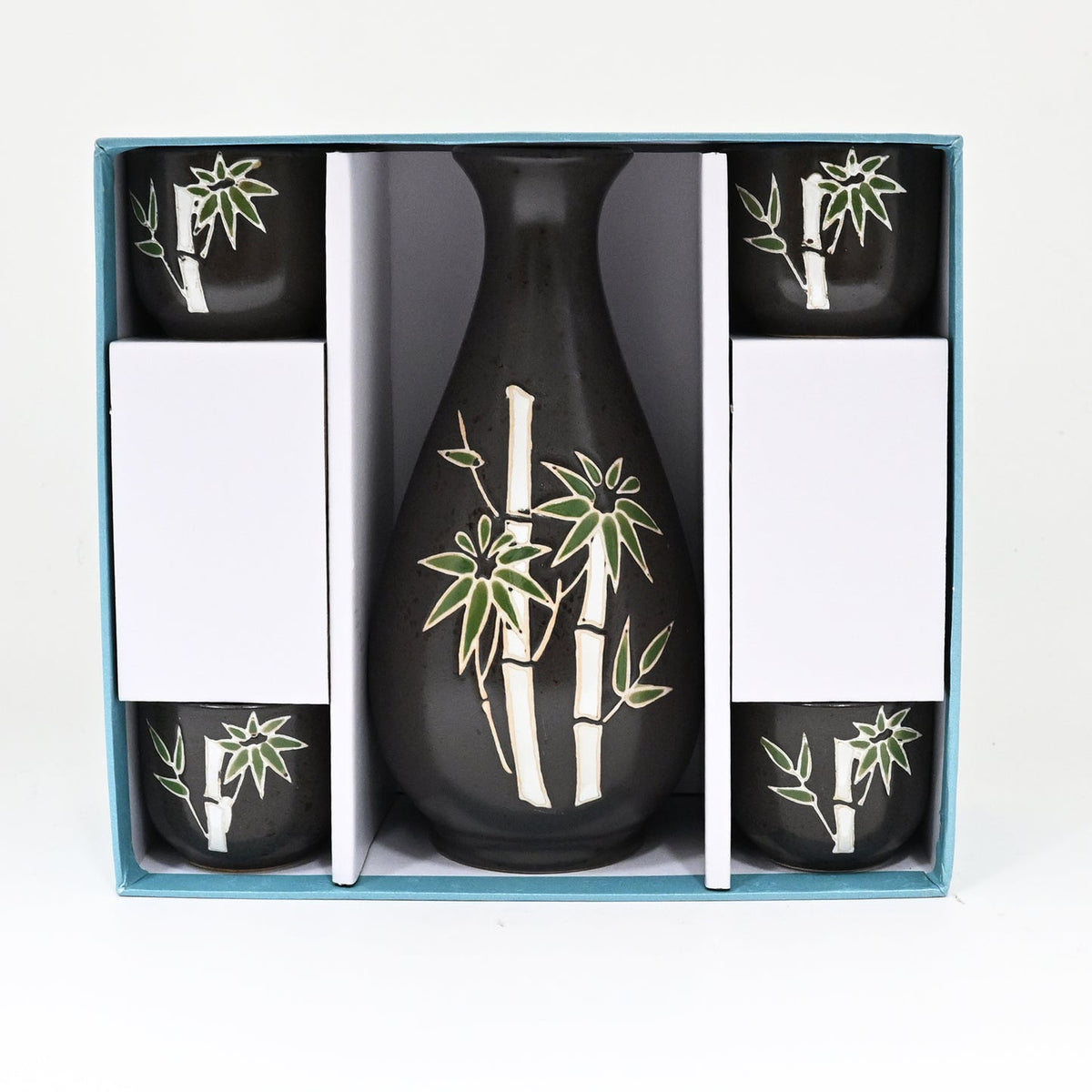 Charcoal Grey Bamboo Forest Porcelain Sake Carafe Flask And 4 Ochoko Cups Set