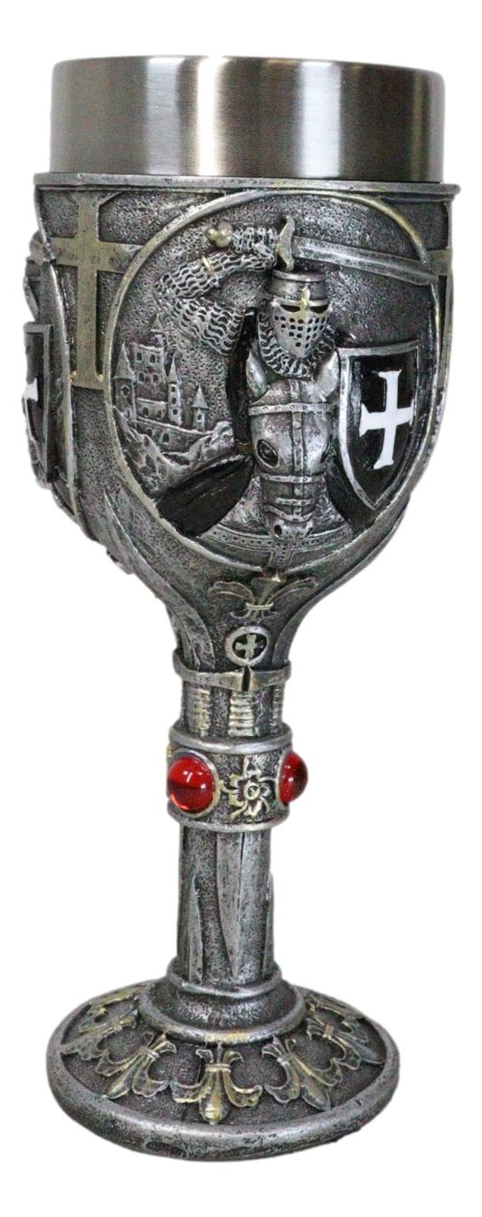 Medieval Templar Crusader Dark Knight Suit of Armor On Horse Wine Goblet Chalice - Ebros Gift