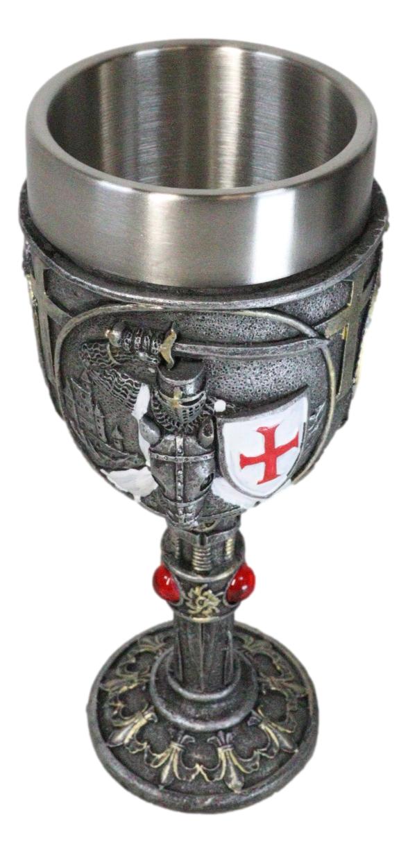 Medieval Templar Crusader Knight Suit of Armor On Horse Wine Goblet Chalice Cup