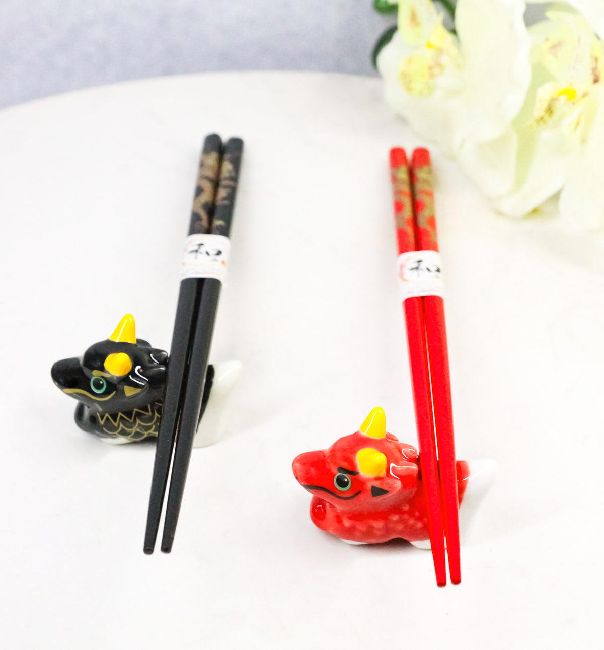 Red And Black Oriental Ryu Dragons Set of 2 Chopsticks And Ceramic Rests Set