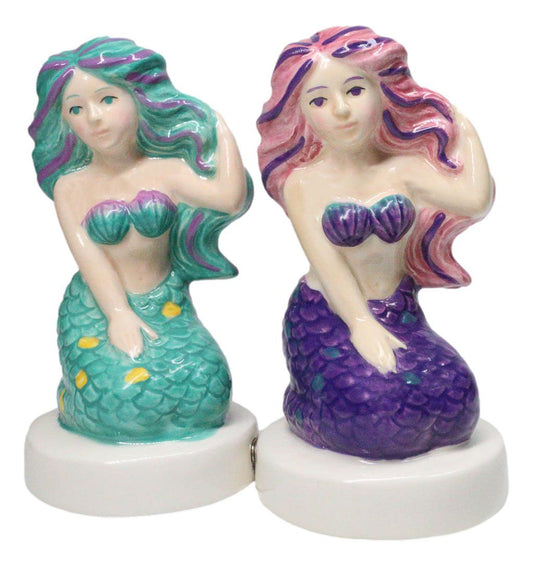 Ocean Siren Mermaids In Turquoise And Purple Ceramic Salt Pepper Shakers Set