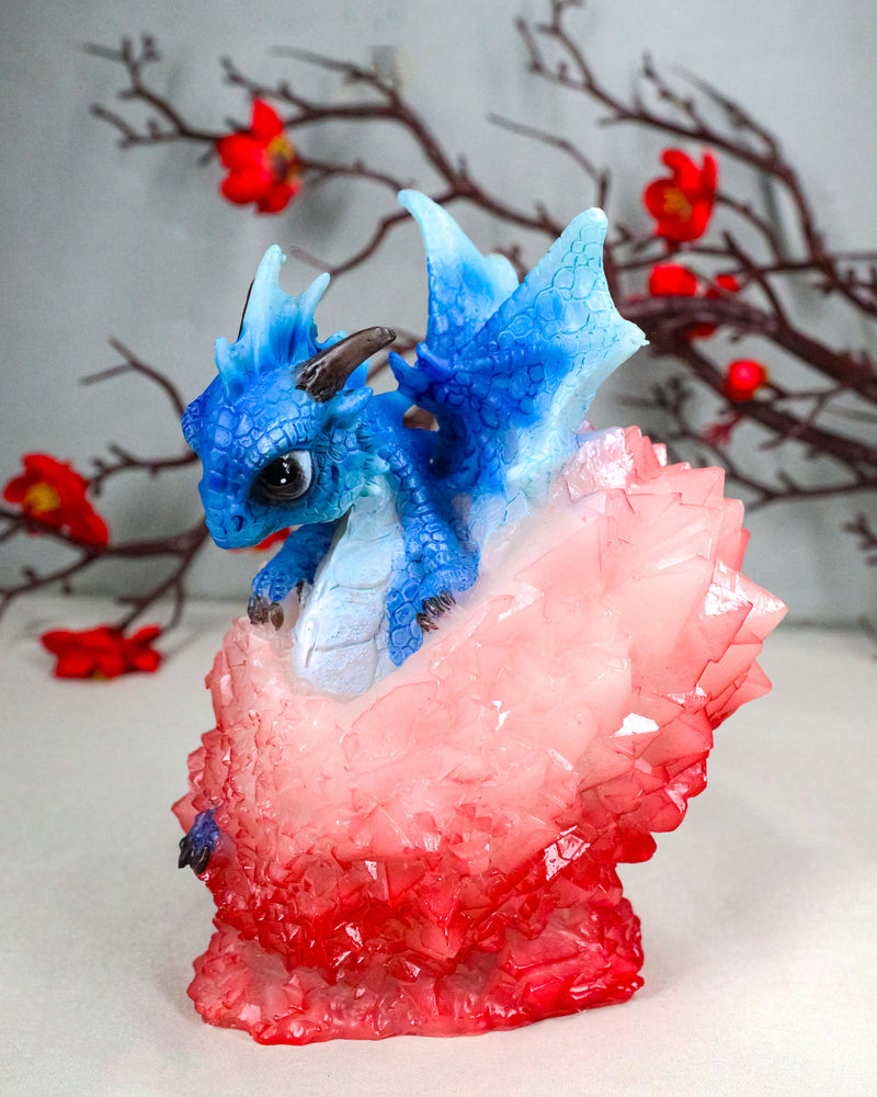 Whimsical Cute Blue Baby Dragon Hatchling in Crystal Icicle Red Egg Figurine