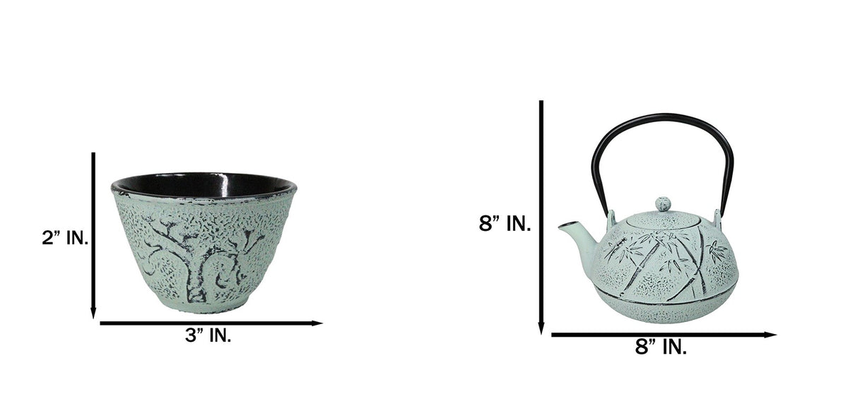 Mint Green Bamboo Design Tetsubin Cast Iron Teapot 40oz And 4 Tea Cups Set