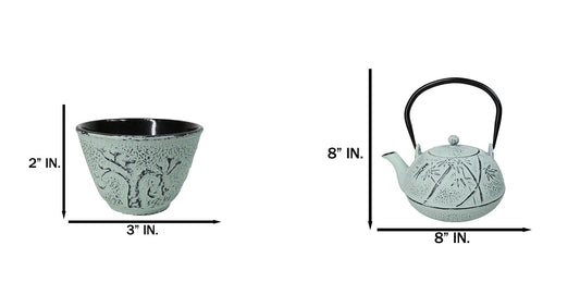 Mint Green Bamboo Design Tetsubin Cast Iron Teapot 40oz And 4 Tea Cups Set