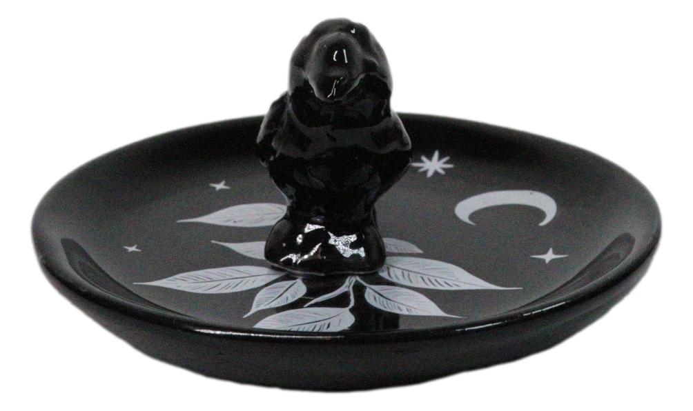Wicca Gothic Mystic Raven Crow With Crescent Moon Ceramic Trinket Jewelry Dish