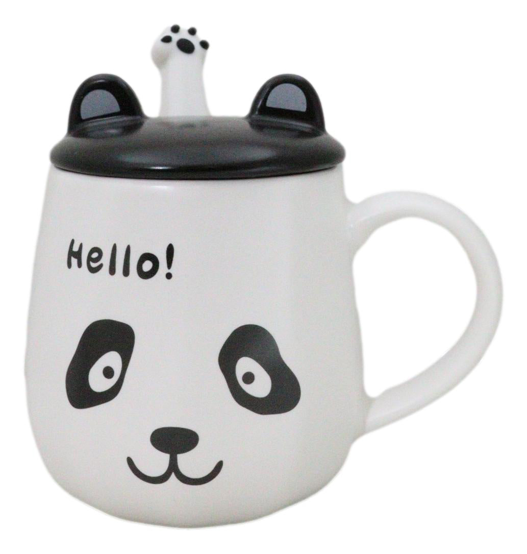 Hello Panda Bear Ceramic Coffee Mug Cup With Spoon And Perky Ears Lid 14oz
