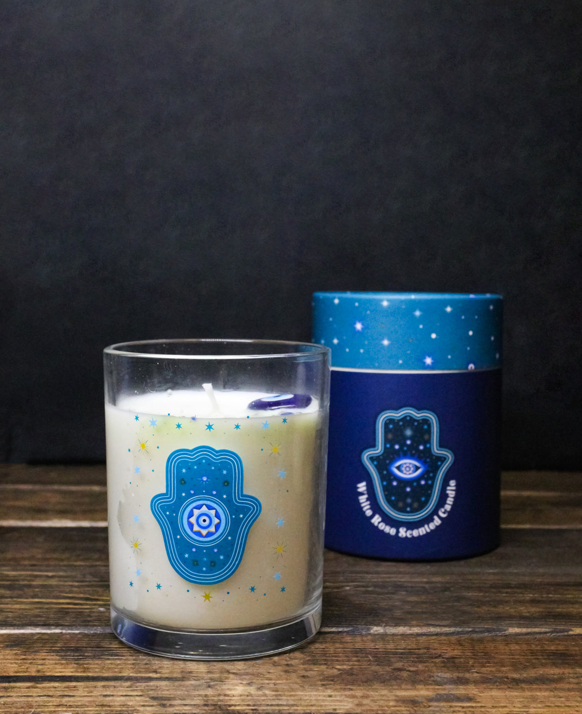Ebros Wicca Hand of Hamsa Watchful Eye White Rose Scented Crystals Jar Candle