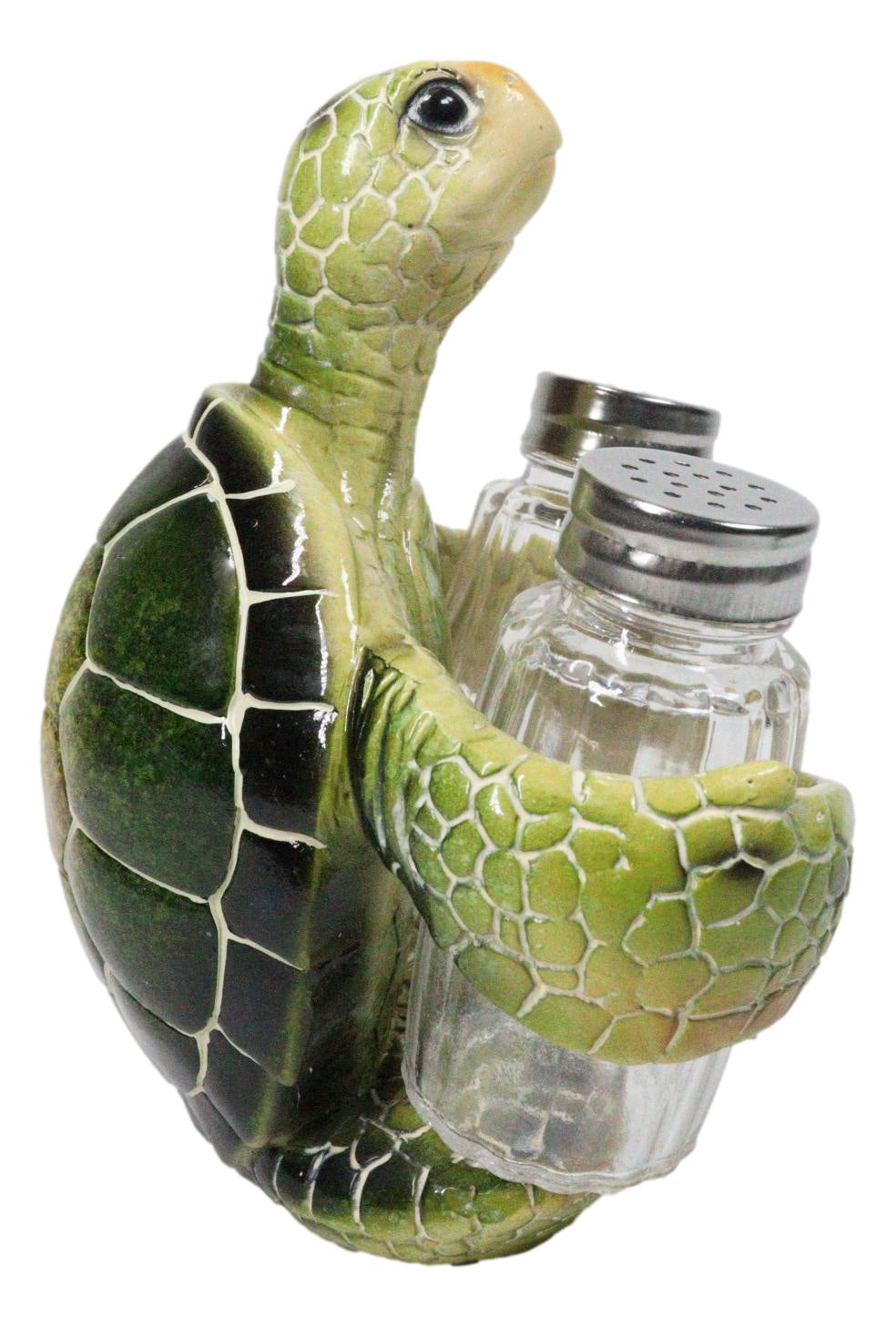 Marine Green Shell Sea Turtle Hugging Glass Salt Pepper Shakers Holder Figurine