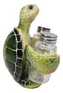 Marine Green Shell Sea Turtle Hugging Glass Salt Pepper Shakers Holder Figurine