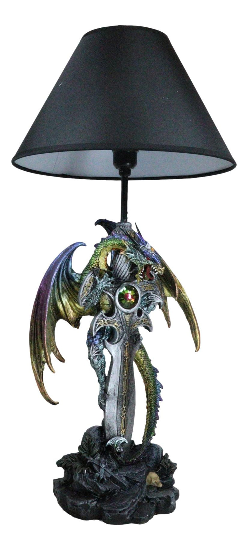 Golden Green Dragon Holding Excalibur Sword With Crystal At Graveyard Table Lamp