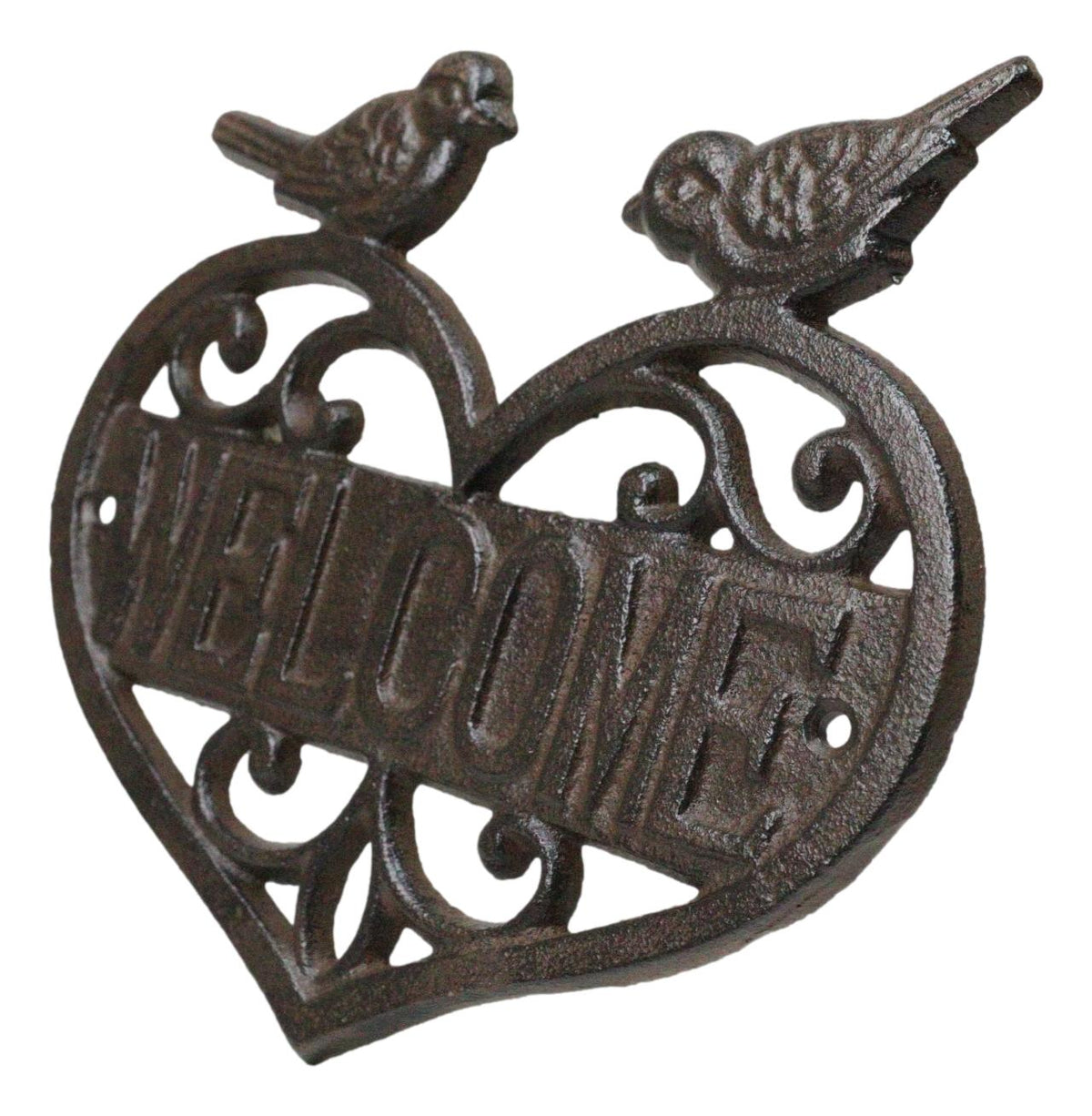 Cast Iron 2 Lovebirds Perching On Scrollwork Heart Welcome Sign Wall Plaque