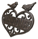 Cast Iron 2 Lovebirds Perching On Scrollwork Heart Welcome Sign Wall Plaque