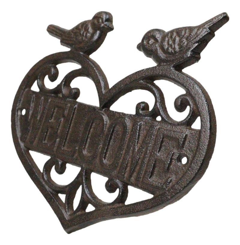Cast Iron 2 Lovebirds Perching On Scrollwork Heart Welcome Sign Wall Plaque