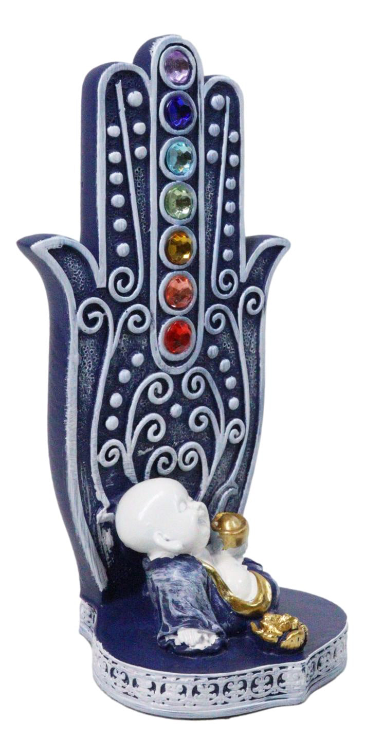 Ebros Blue Buddha Monk Hamsa Hand 7 Chakra Gemstone Incense Burner 6"H