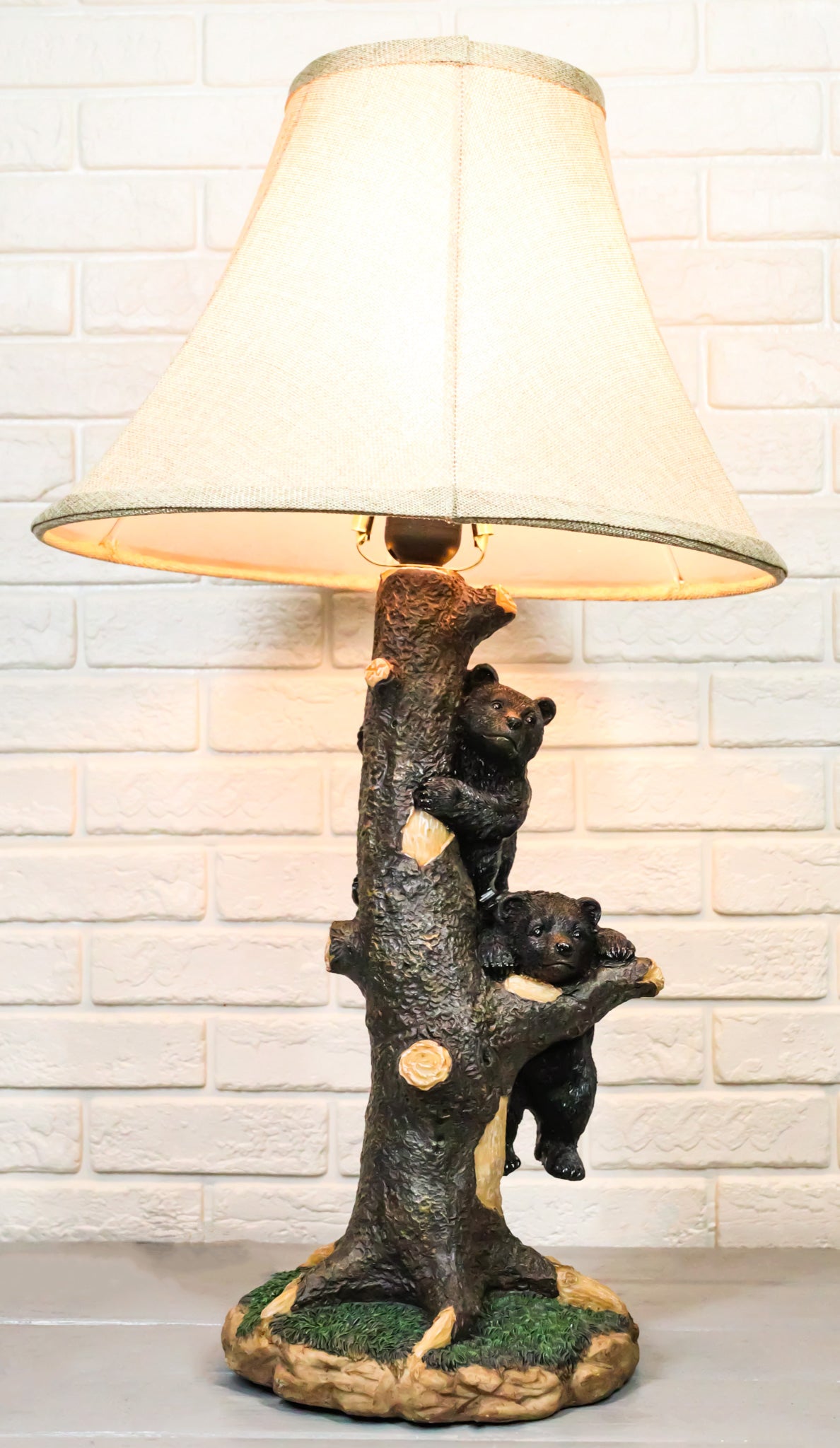 Rustic Western Forest Playful Black Bear Cubs Climbing On Tree Trunk Table Lamp