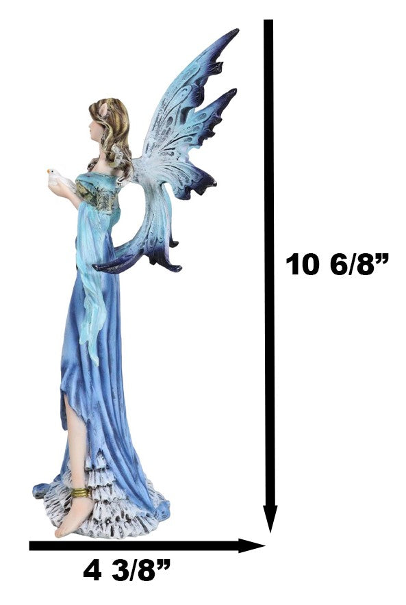 Enchanted Lady Damsel Fairy in Blue Corset Gown Holding Little Bird Figurine