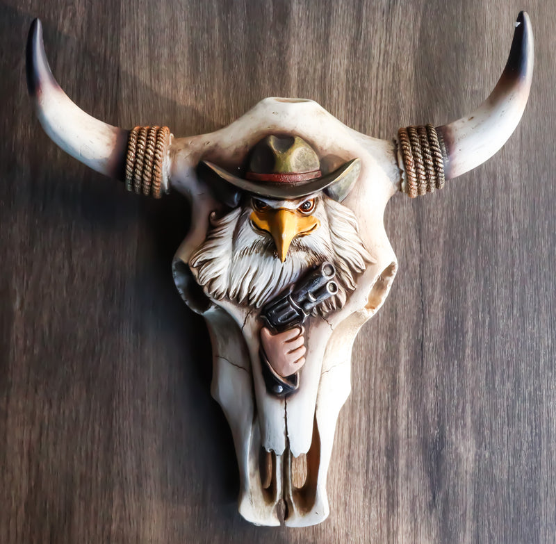 Rustic Western Eagle Cowboy With Gun Horned Ropes Cow Skull Wall Decor Plaque