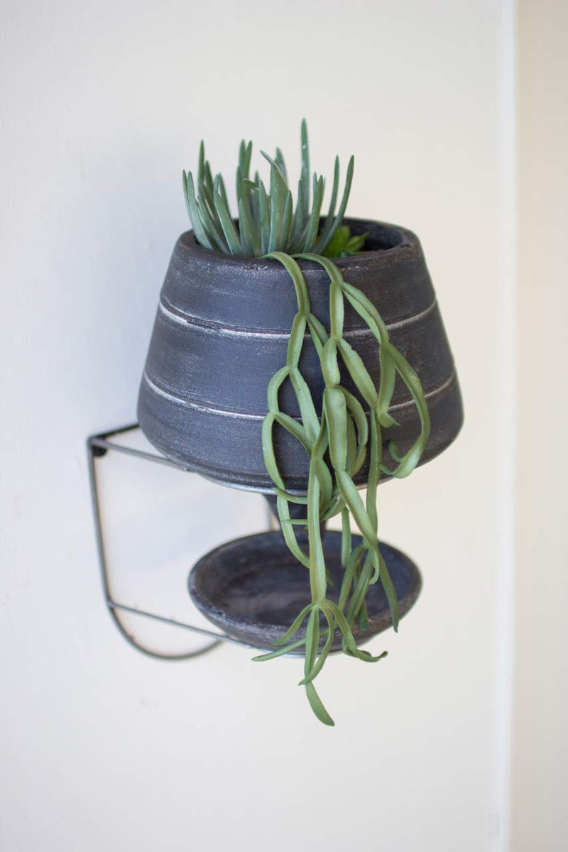 Rustic Traditional Black Clay Pot Wall Planter With Drip Dish And Wire Stand