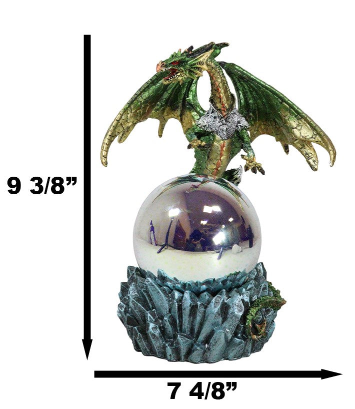 Green And Gold Armored Dragon On Rocky Cliff Edge With LED Optic Ball Figurine