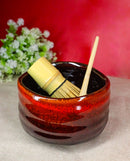 Red Brown Fire Volcano Ceramic Japanese Matcha Green Tea Bowl Whisk & Scoop Set