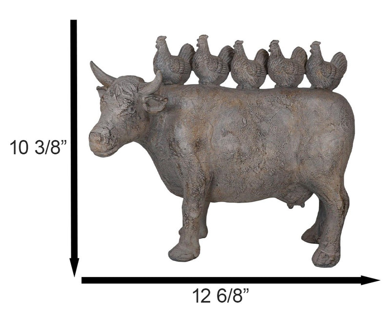 Rustic Vintage Farmhouse Chickens Hens Marching On Holstein Cow Back Figurine