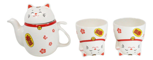 Japanese Maneki Neko Lucky Beckoning Cat Ceramic Tea Pot And 2 Teacup Mugs Set