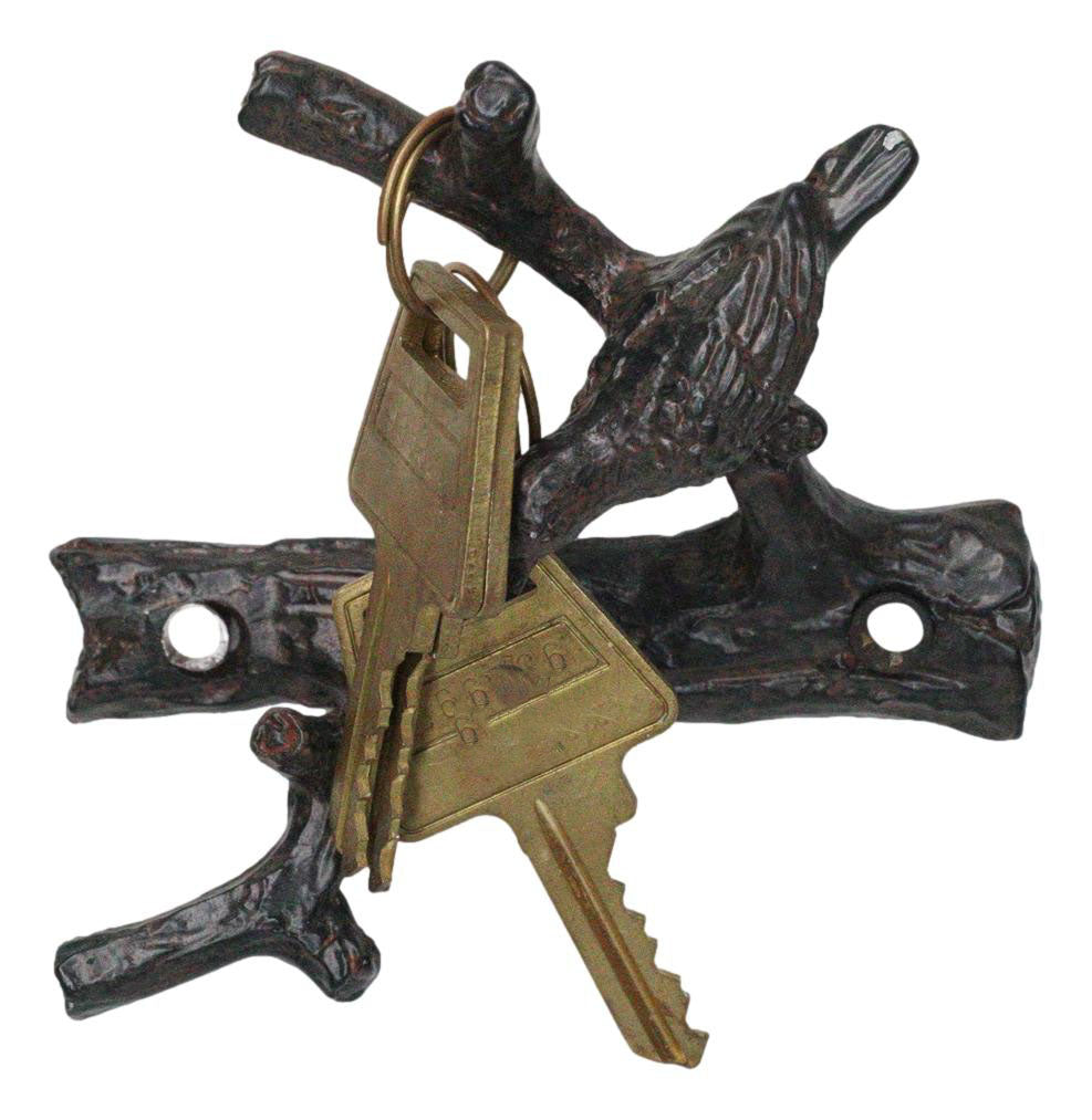 Set of 2 Cast Iron Rustic Bird Perching On Twig Branches 2-Pegs Wall Hooks