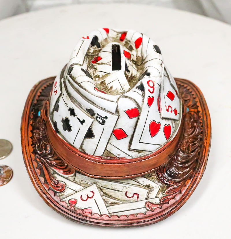 Rustic Country Western Casino Poker Cards Faux Leather Cowboy Hat Money Bank