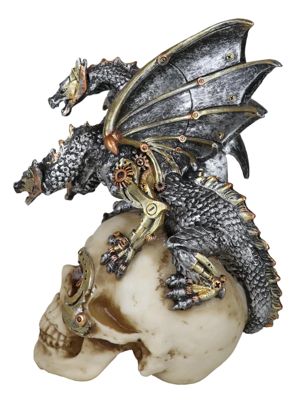 Steampunk Cyborg Skull with Perching Robotic Silver Hydra Dragon Figurine