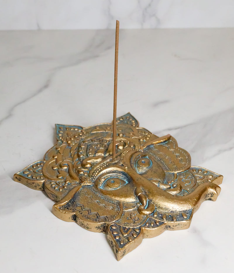 Golden Supreme Hindu God Ganapati Ganesha Head Mandala Flower Incense Holder