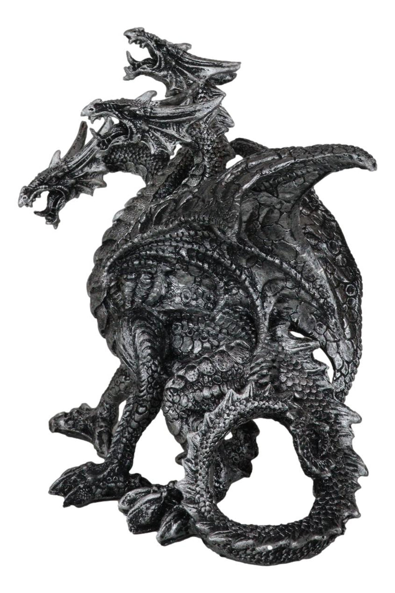 Gothic Silver Three Headed Dragon Hydra Roaring Statue 8" Tall Figurine Decor