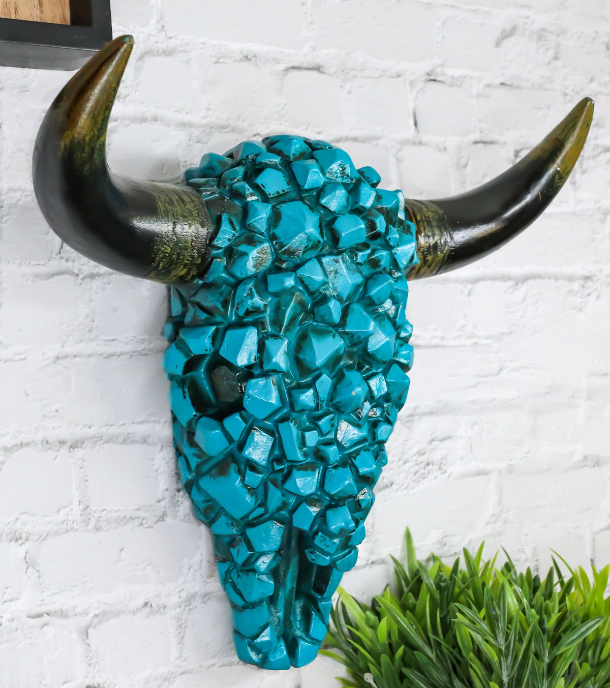 Southwest Steer Bison Bull Cow Skull With Mosaic Turquoise Rocks Wall Decor - Ebros Gift