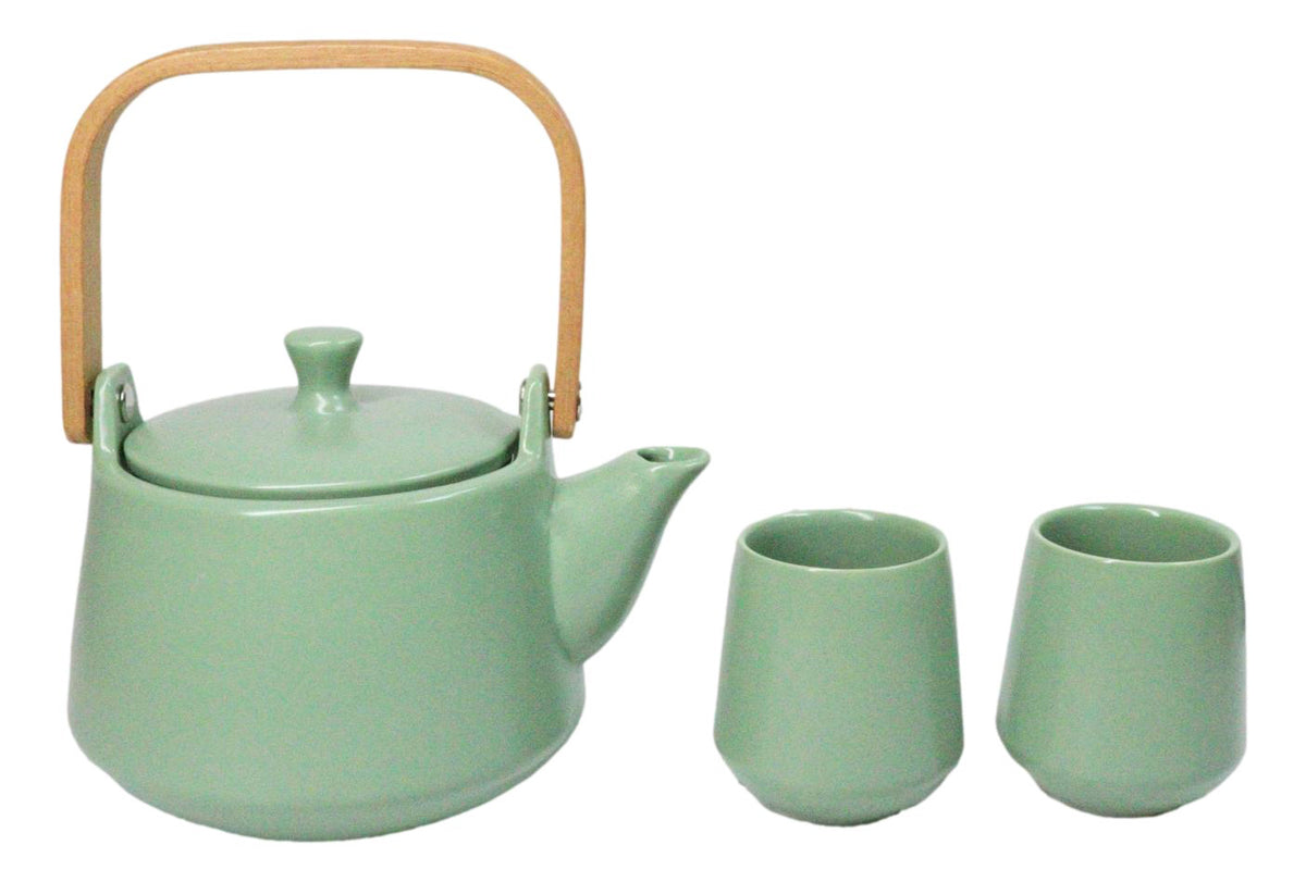 Matte Pastel Green Porcelain 22oz Teapot And 2 Tea Cups With Bamboo Tray Set