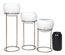 Set of 3 Modern 3 White Clay Vessel Planter Pots With Metal Wire Stands