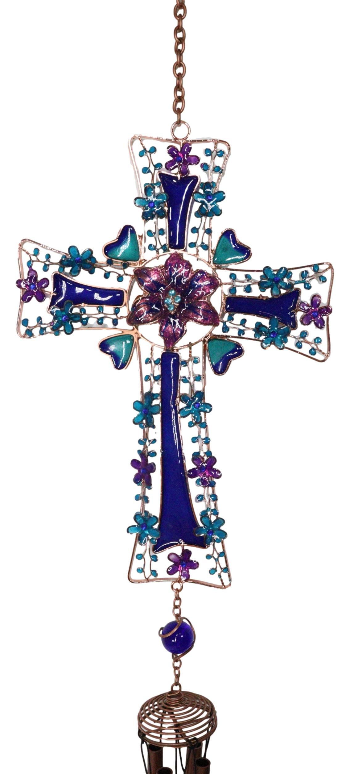Blue Floral Aquamarine Cross With Gemstones Metal Scroll Filigree Wind Chime