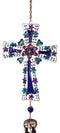 Blue Floral Aquamarine Cross With Gemstones Metal Scroll Filigree Wind Chime
