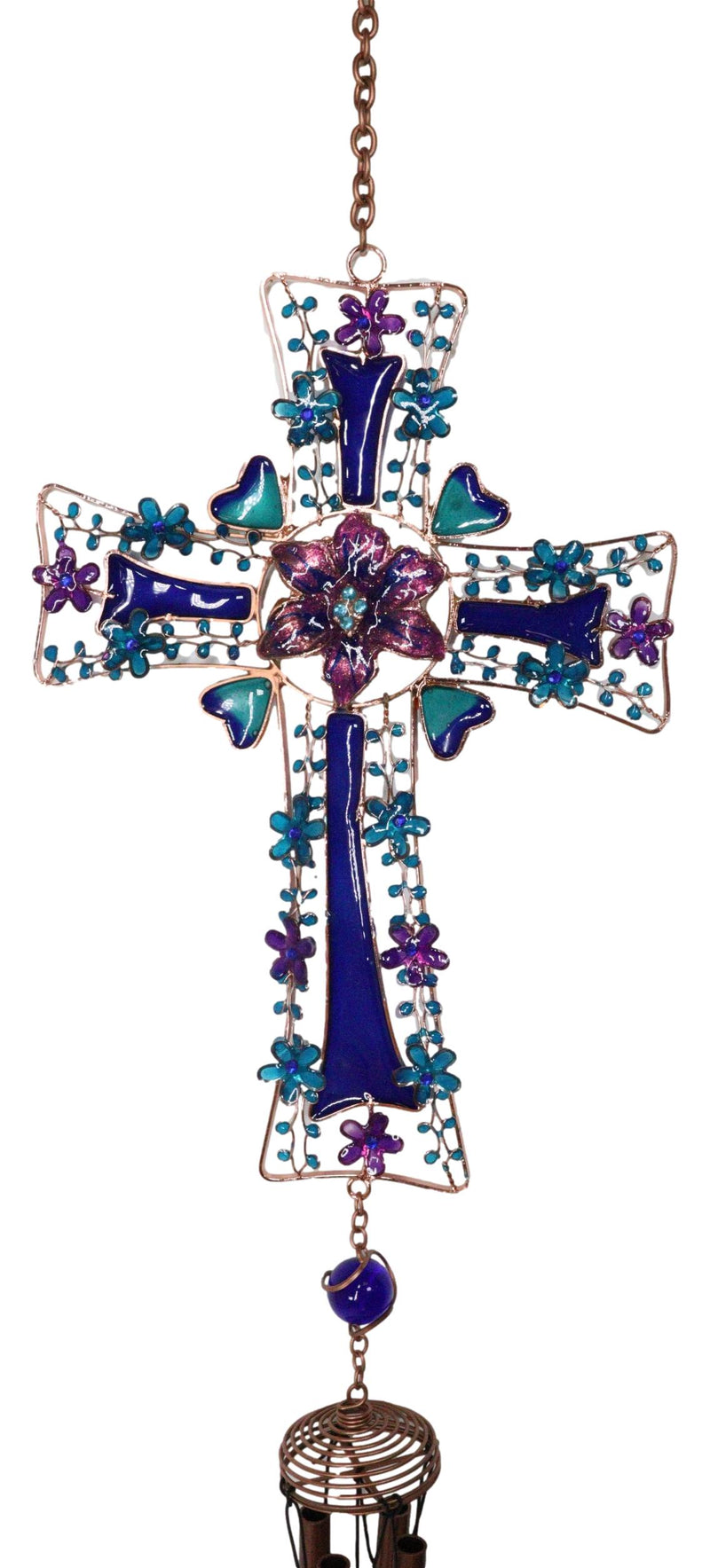 Blue Floral Aquamarine Cross With Gemstones Metal Scroll Filigree Wind Chime